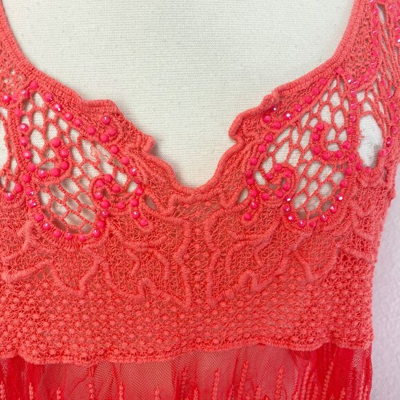 Janet Paris Orange Embroidered Mesh Top Tunic Large Studs Mesh Festival Boho - Picture 4 of 12